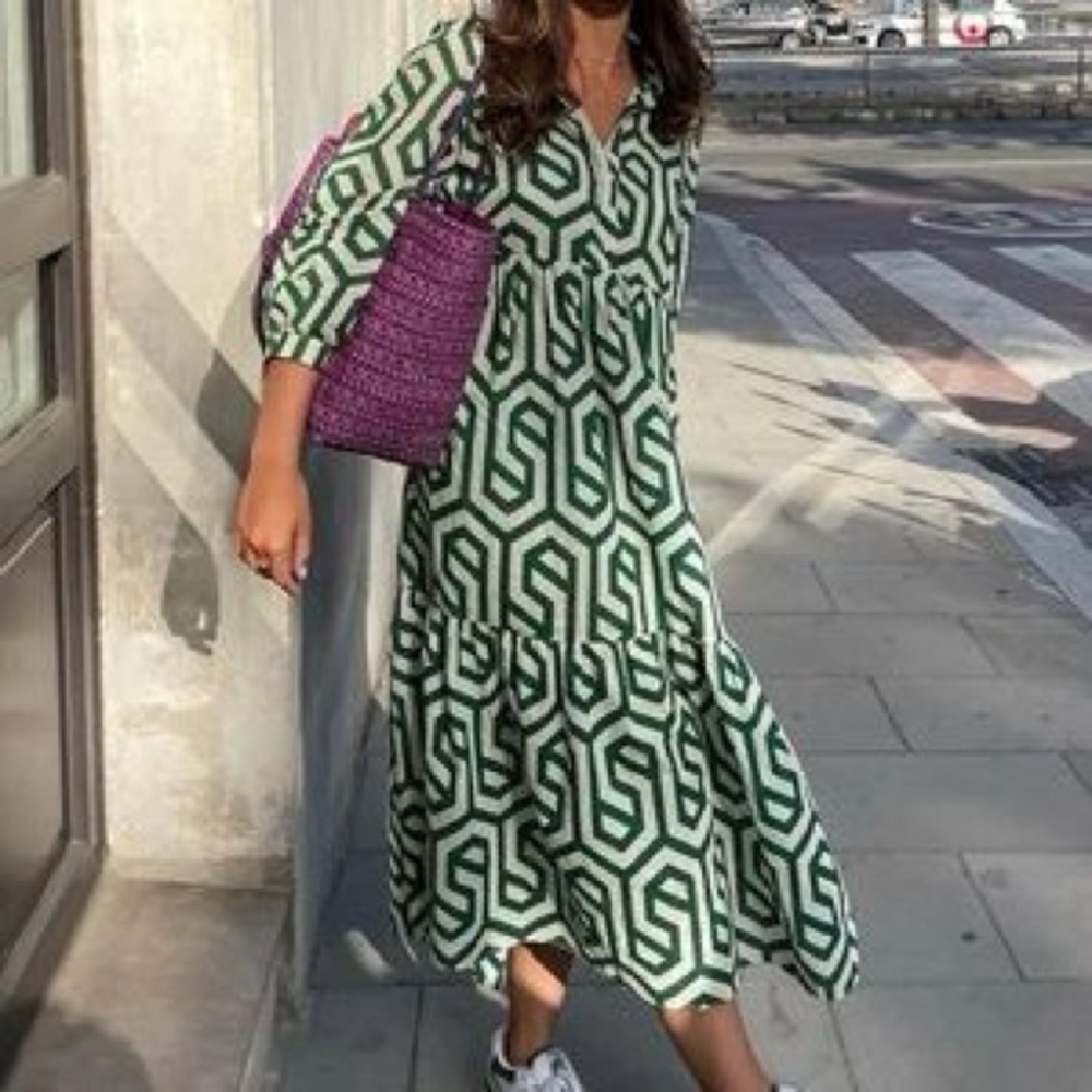 ZARA Green Geometric Print Midi Dress Bloggers Favorite Cotton Tiered Size Small - Picture 4 of 14
